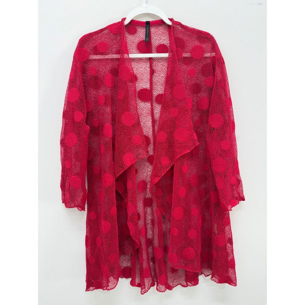IC by Connie Cardigan L Red Mesh Polka Dot Open Front Draped